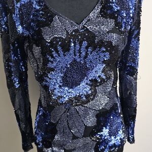 Elegant Blue Sequin Floral Blouse